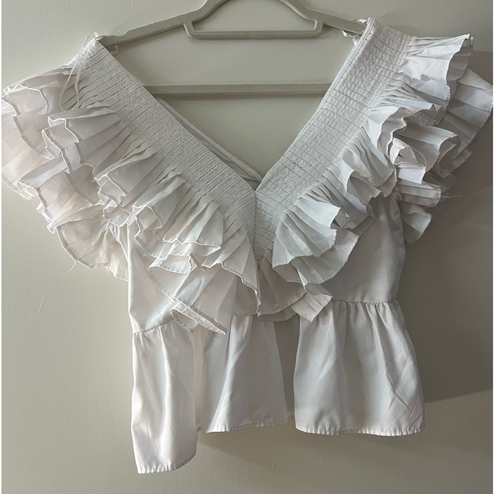 NWT Zara white ruffle peplum shirt off the shoulder blouse top XS v-neck